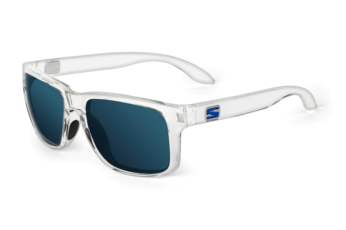 Clear Frame Sunglasses with polarised blue lenses 