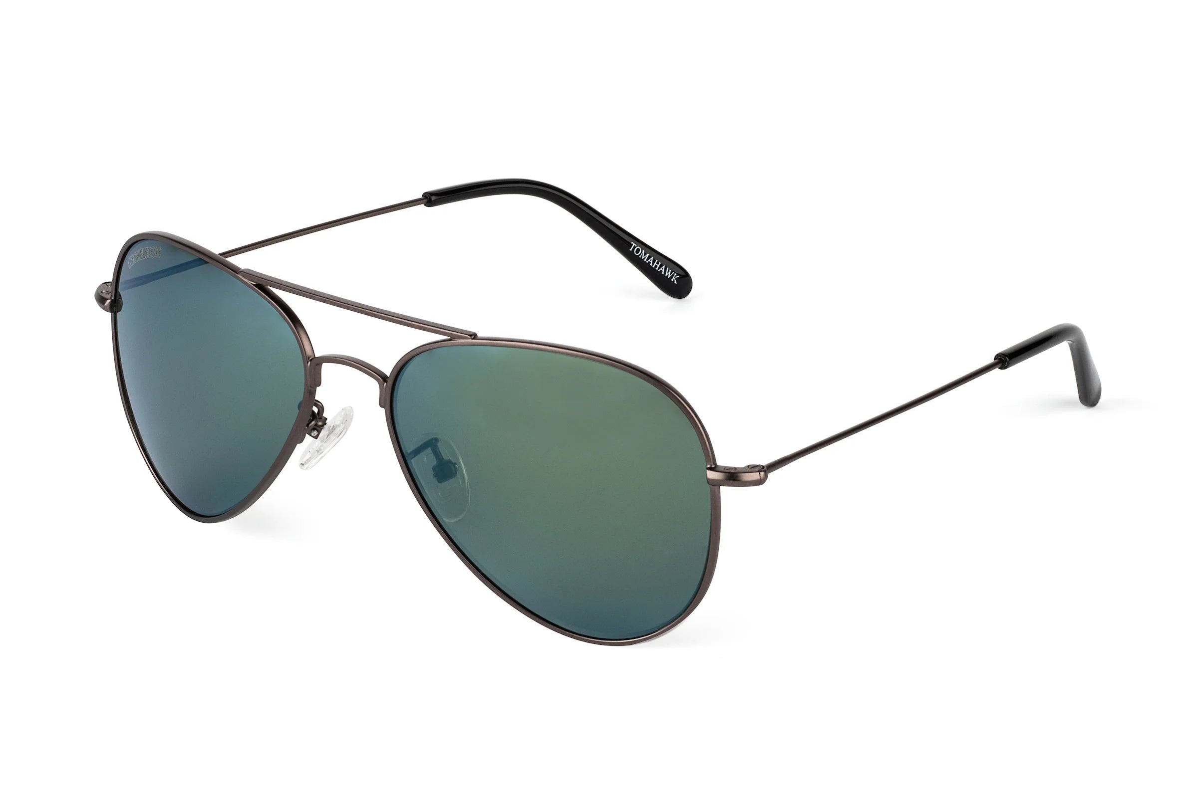 Aviator style sunglasses with gunmetal frames and green lenses