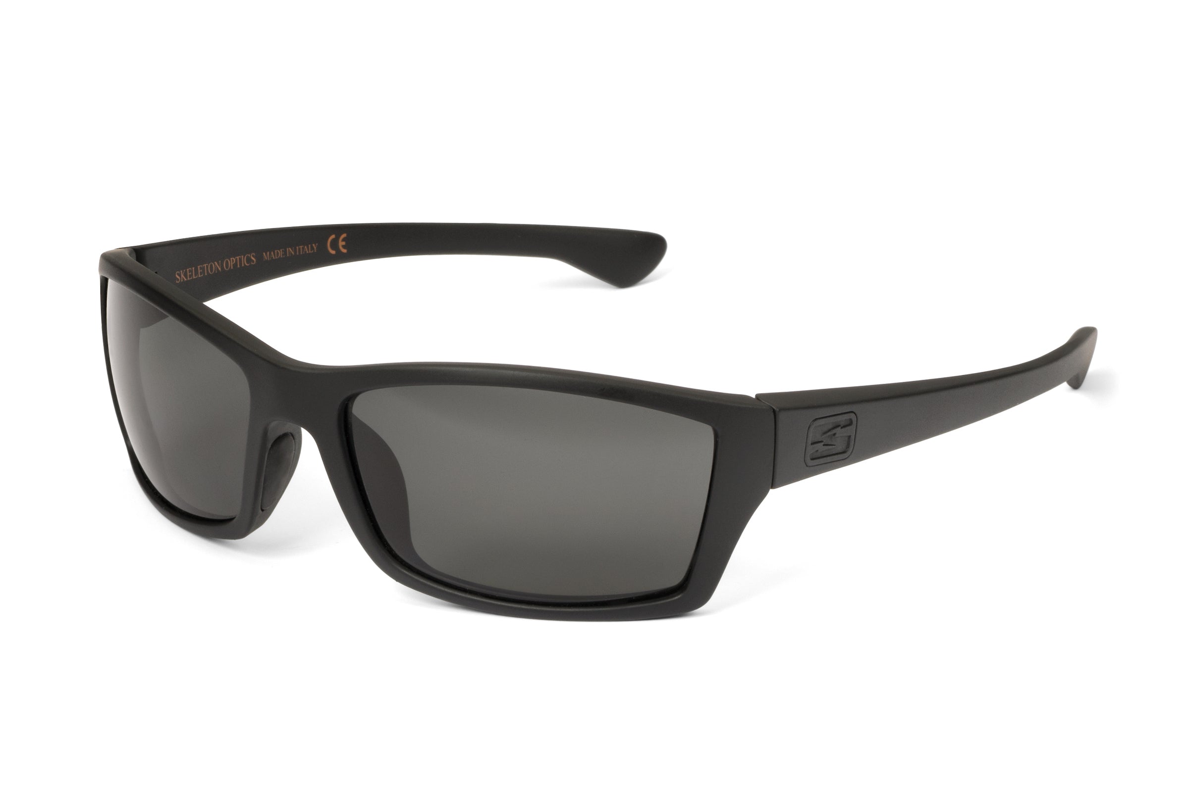 Matte black sunglasses frame with gray lenses